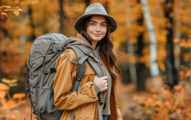 A young woman with a backpack exploring the forest on a hiking trip