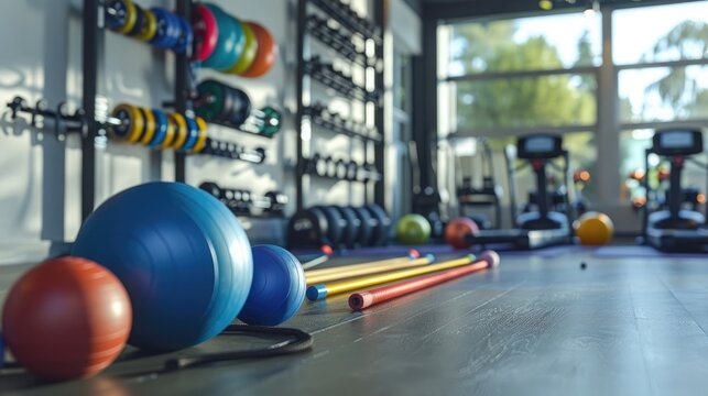 A fitness studio with a variety of resistance bands and tubes, with a few scattered exercise balls and foam rollers, ready for a challenging functional training workout. - Powered by Adobe