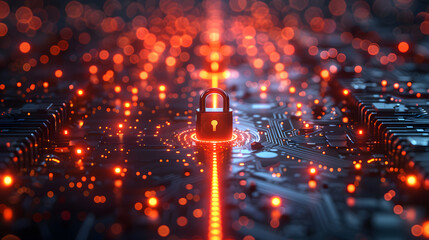 A glowing padlock on an illuminated circuit board, representing cybersecurity, data protection, and advanced digital security measures
