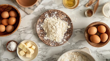 Top-view of a kitchen countertop filled with ingredients for a baking session, including flour, eggs, sugar, and butter, alongside bowls and utensils. The organized yet casual setup leaves ample copy