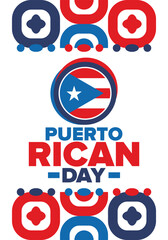 Puerto Rican Day. National happy holiday. Festival and parade in honor of independence and freedom. Puerto Rico flag. Latin american country. Patriotic elements. Vector poster illustration