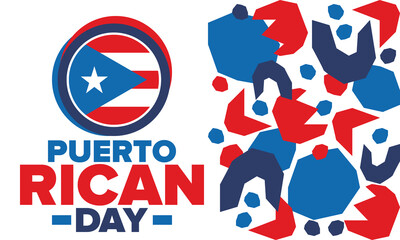 Obraz premium Puerto Rican Day. National happy holiday. Festival and parade in honor of independence and freedom. Puerto Rico flag. Latin american country. Patriotic elements. Vector poster illustration