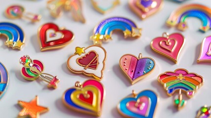 A detailed photo of a rainbow pride enamel pin collection on a clean white backdrop. The pins include various pride symbols and are depicted in brilliant colors and fine detail, highlighting their sig