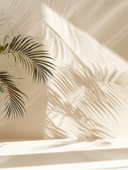 Minimalist Palm Leaf Shadow on White Wall and Cream Pastel Floor: Abstract Background for Creative Summer Mock-up. Neutral Tropical Palm Mockup on Light Backdrop