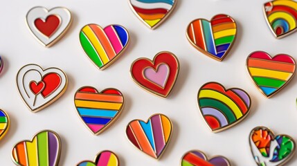 A detailed photo of a rainbow pride enamel pin collection on a clean white backdrop. The pins include various pride symbols and are depicted in brilliant colors and fine detail, highlighting their sig