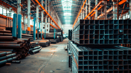 A large industrial building with a lot of steel pipes stacked up - Powered by Adobe
