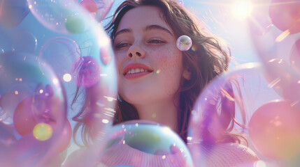 Fototapeta premium A woman is surrounded by a bunch of colorful bubbles