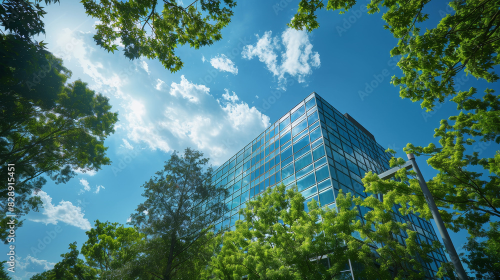 Poster a large building with a lot of trees in front of it