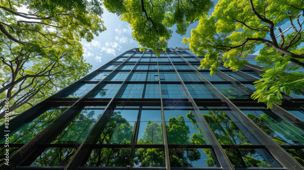 Poster a tall building with a lot of trees surrounding it