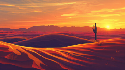 A desert landscape with a cactus in the foreground