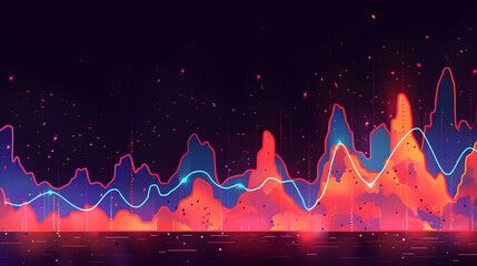 A vibrant financial data visualization featuring colorful peaks and flowing lines against a dark background, representing dynamic market trends