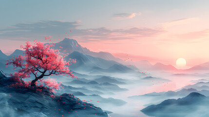Fototapeta premium A solitary pink tree stands out on a misty mountain range at sunrise, creating a serene and ethereal landscape