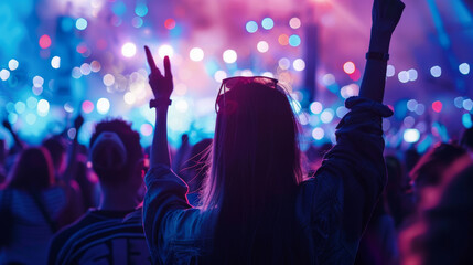 A woman is standing in a crowd of people, holding up her hands in the air