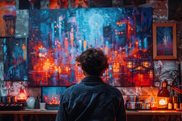 Artist uploading digital art to an NFT platform, innovative technology, vibrant and dynamic visuals, modern home studio, copy space