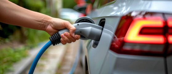 Closeup of a hand plugging in an electric vehicle, clean energy, modern charging port, focus on connection, isolated on white background, copy space