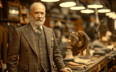 Obraz premium Vintage tailor at work, custom suit on fitting mannequin, warm sepia tones, nostalgic and classic workshop