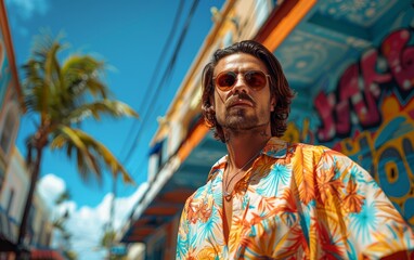 Obraz premium Man in trendy summer outfit, urban street setting, graffiti walls, clear sky, 3D rendering, realistic, high detail