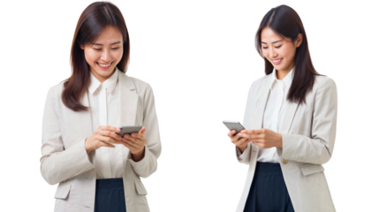 Asian woman in professional attire, smiling and looking at her phone with both hands holding the cell phone