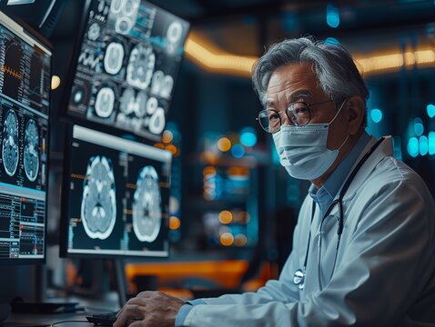 Healthcare professional reviewing patient data on a digital platform, telemedicine, advanced healthcare technology, modern office, bright and efficient workspace, copy space