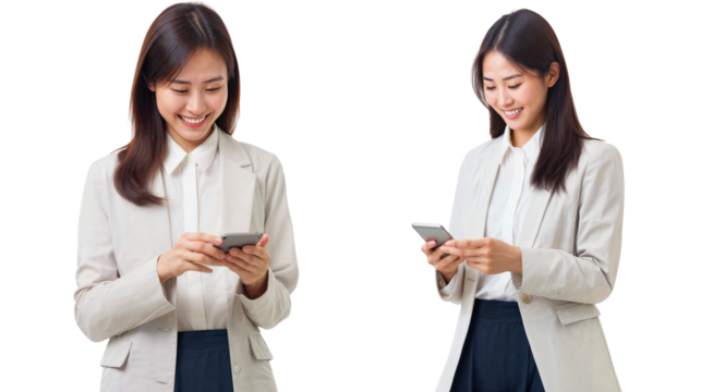 Asian woman in professional attire, smiling and looking at her phone with both hands holding the cell phone