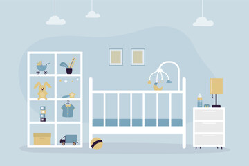 Newborn baby bedroom with bed, hanging rattle, toys and bottle. Child room, nursery interior with toys on shelf, pictures on wall. Bedroom for infant.
