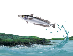 merlu ,poisson, rocher, vague, sauter, evasion, migration, pêche, ocean, lac, goutes, mer, limpide, logo, sous-marin, attraper, eau, fruits de mer, aliment, ailette, queue, argent, nature