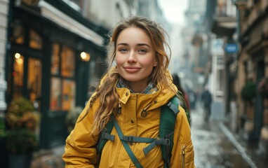 A woman wearing a yellow jacket is walking down the street in the urban area