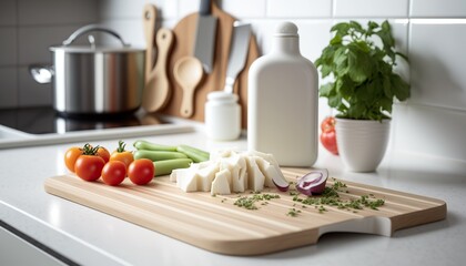 Close up chopping or cutting wooden board with vegetables on the table, day light kitchen interior, indoor background with copy space.