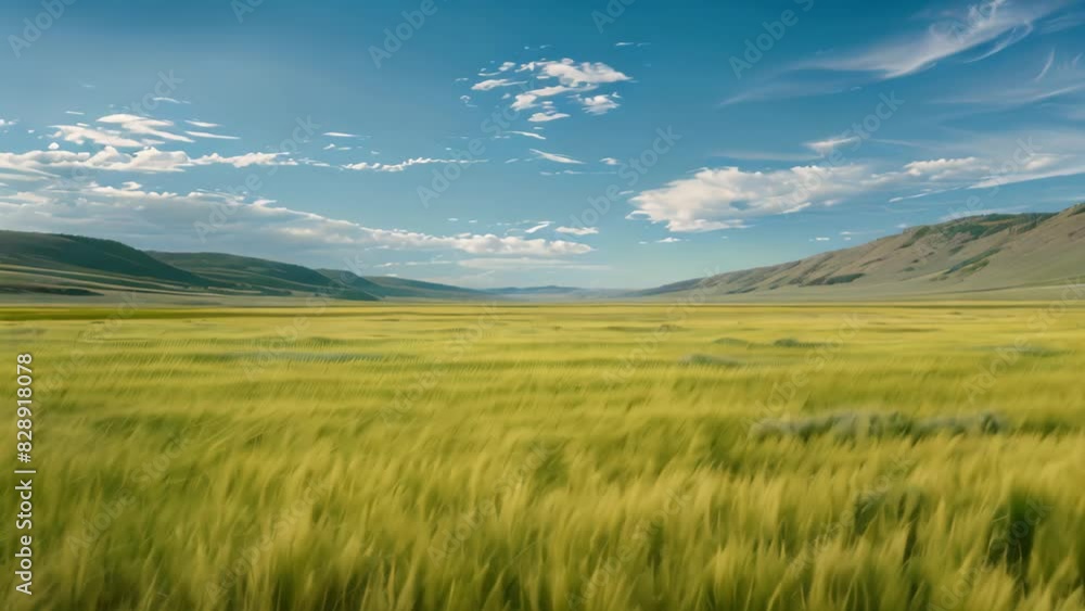 Poster a wide open field with lush grass stretching towards distant mountains in the background, a field of