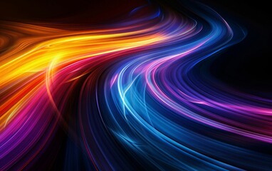 A multicolored swirl of light in purple and blue hues stands out against a black background