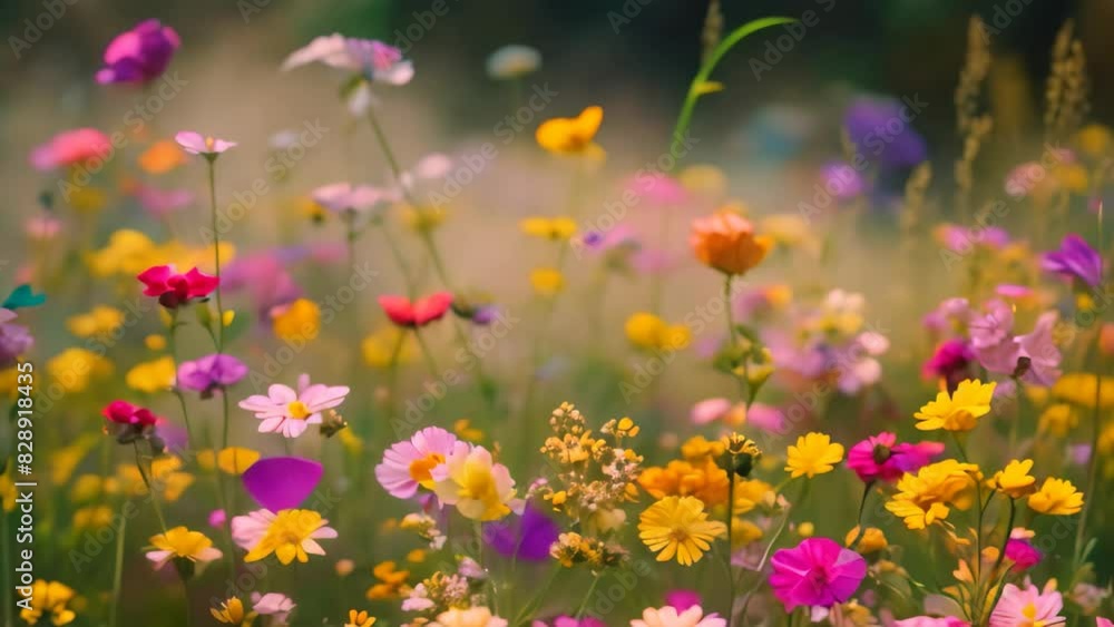 Poster Lively field of colorful wildflowers under the bright midday sun, A field of vibrant wildflowers swaying in the breeze