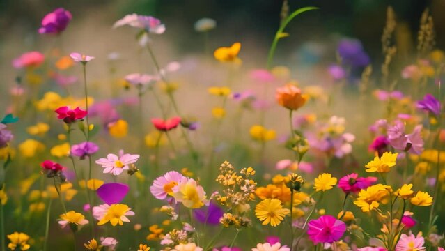 Lively field of colorful wildflowers under the bright midday sun, A field of vibrant wildflowers swaying in the breeze