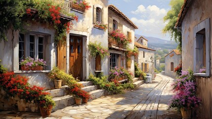 An oil painting of a quaint European village, with cobblestone streets, charming buildings, and colourful flowers in window boxes. 