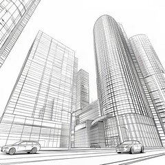 Fototapeta premium Architectural drawing of urban city buildings with lines and strokes, using a white background. Include modern highrise office buildings on both sides, with curved shapes and glass curtain walls.