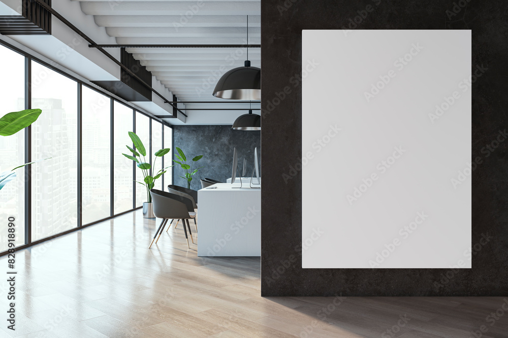Poster contemporary coworking office with empty white mock up banner, equipment, furniture, various other o