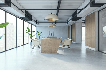 Contemporary coworking office with equipment, furniture, various other objects and daylight. 3D...