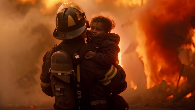 A firefighter in uniform carrying a child in his arms to safety from a burning building, A firefighter carrying a child to safety from a burning building