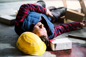 An unconscious man worker lying on the floor after a head injury. Work injury, accident in...