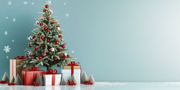 Vibrant and festive Christmas tree surrounded by wrapped gifts and sprinkled with snowflakes on a serene blue background