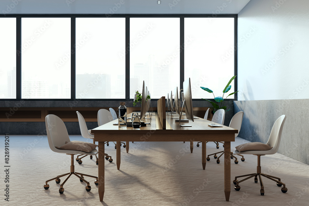 Poster simple spacious coworking office with window and city view, equipment, furniture, various other obje