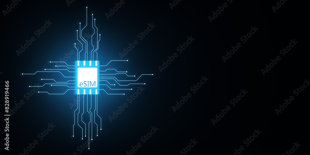 Poster Esim chip card icon with circuit on dark background with mock up place. Embedded sim card cellular mobile technology smart concept. 3D Rendering.