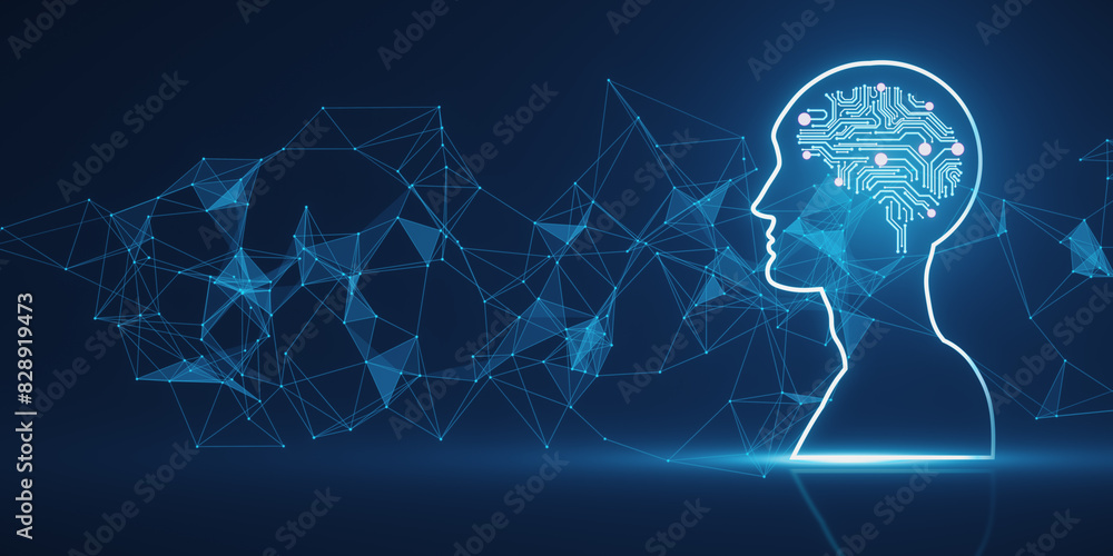 Leinwandbilder creative polygonal head outline with brain on blue background. artificial intelligence, innovation a