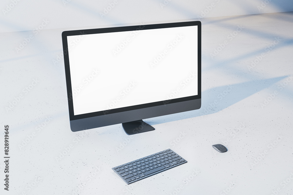 Aufkleber Close up of empty white mock up computer monitor on light background. Minimalistic designer desktop concept. 3D Rendering.