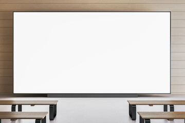 Luxury wooden gallery interior with benches in front of empty white mock up screen. 3D Rendering.