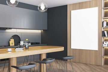 Modern wooden and concrete office interior with empty mock up banner on wall, bookcase and kitchen. 3D Rendering.