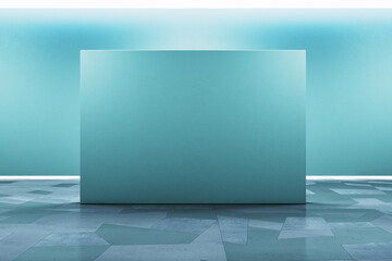 Empty blue gallery wall banner with mock up place. Museum concept. 3D Rendering.
