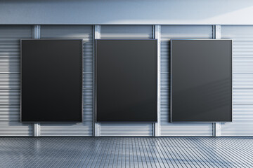 Empty gray linear blinds gallery wall with mock up banners. Museum concept. 3D Rendering.
