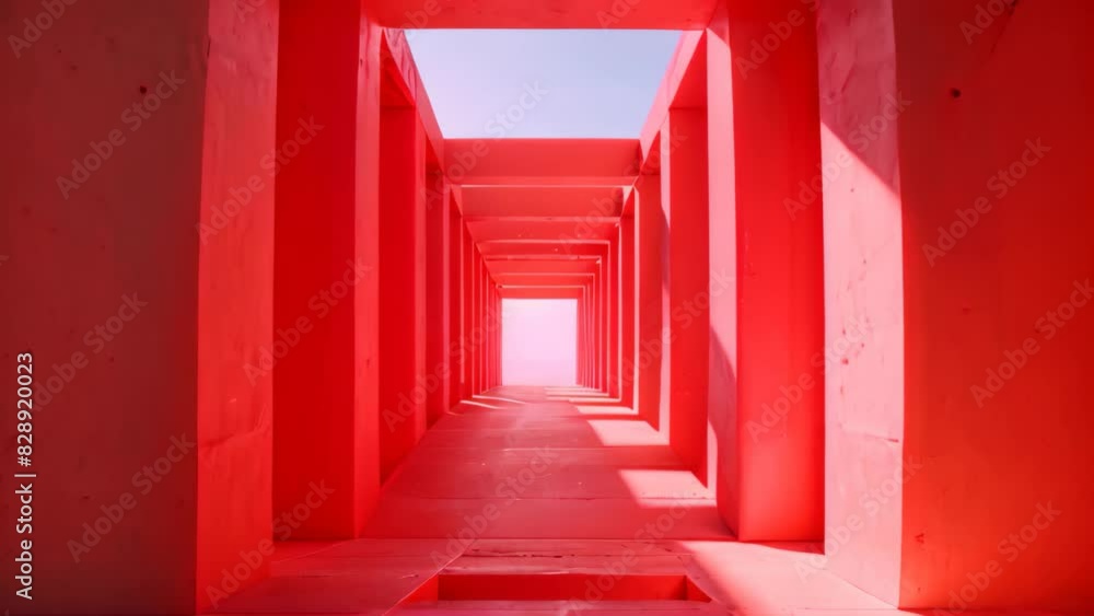 Aufkleber a long hallway with red walls extending towards a sky background, creating a striking visual contras