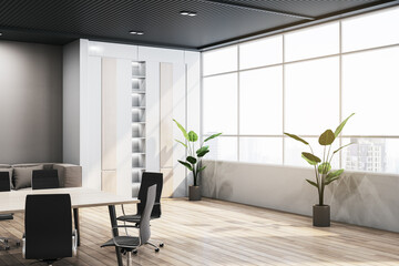 Light wooden and concrete meeting room interior with panoramic window, city view and daylight. 3D Rendering,