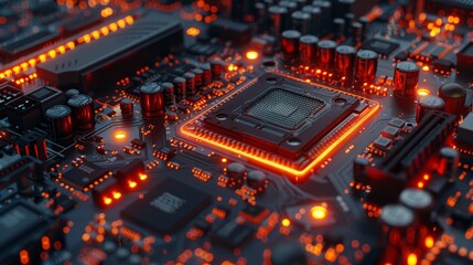 Data flow in a motherboard in pc. Processor among circuits and electronics. 